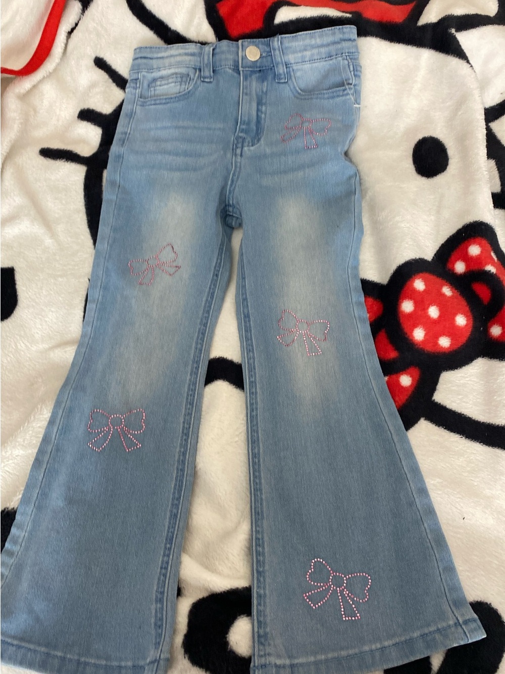 Cargo Light Blue Flared Jeans with Pink Bow Embellishments